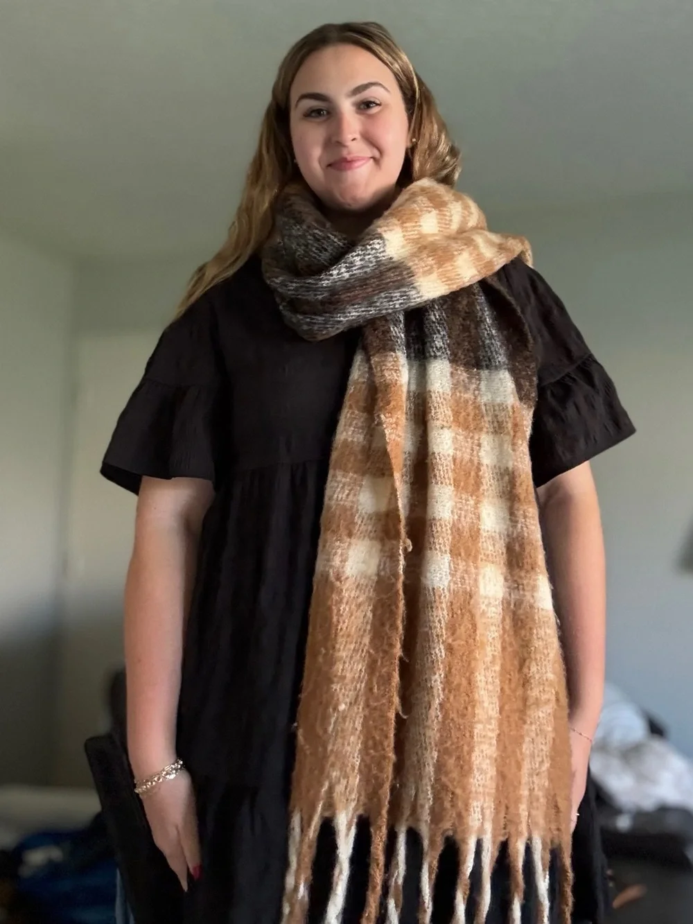 Oversized Brown, Tan, Orange and White plaid blanket scarf, alpaca fur